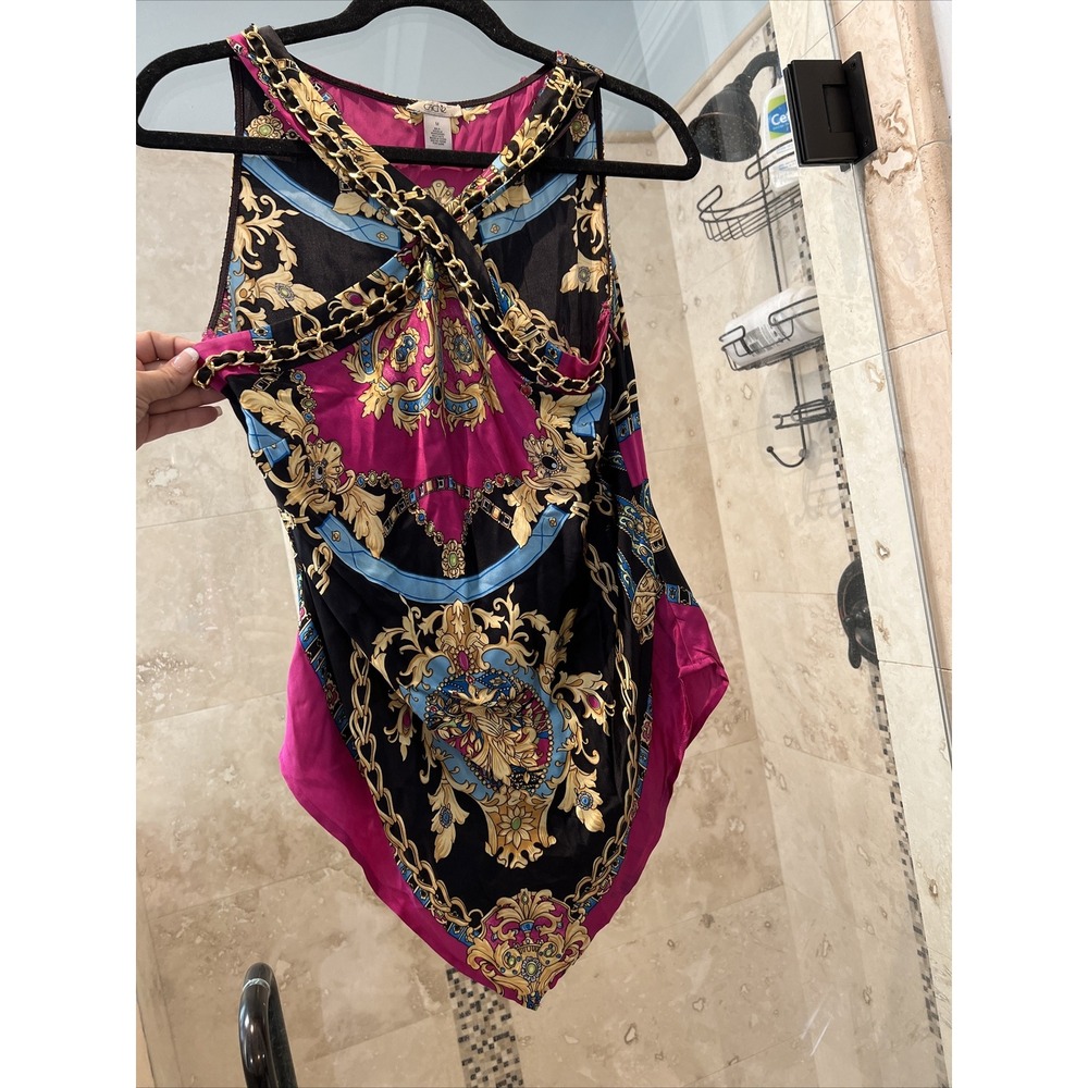 Cache Vintage Silk Halter Top Medium Gold Chain Floral Scarf Print Blouse
